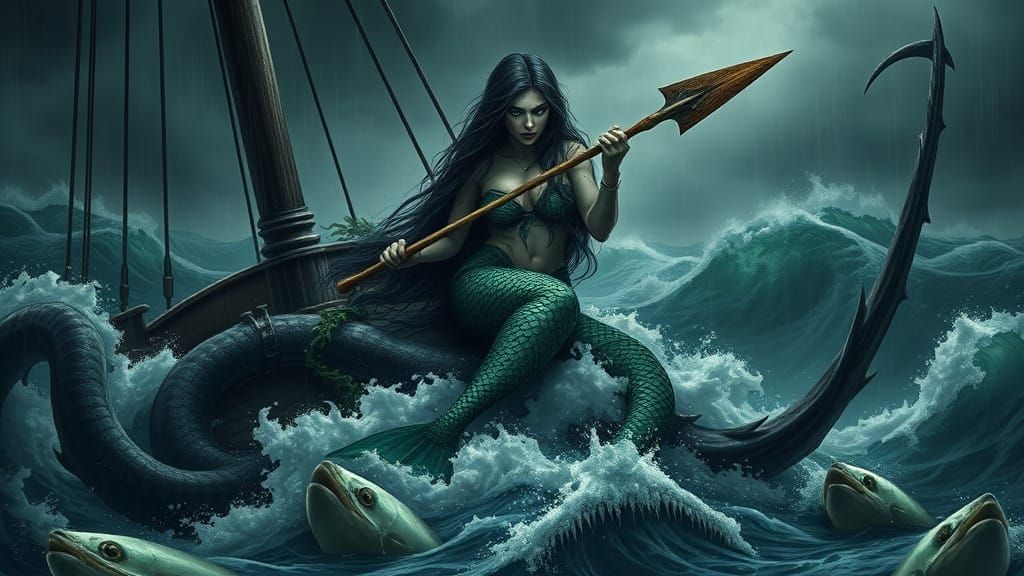 sinister mermaid, on top of sinking ship. heavy waves. she holds a spear. fish. Cinematic film still, shot on v-raptor XL, film grain, vigne...