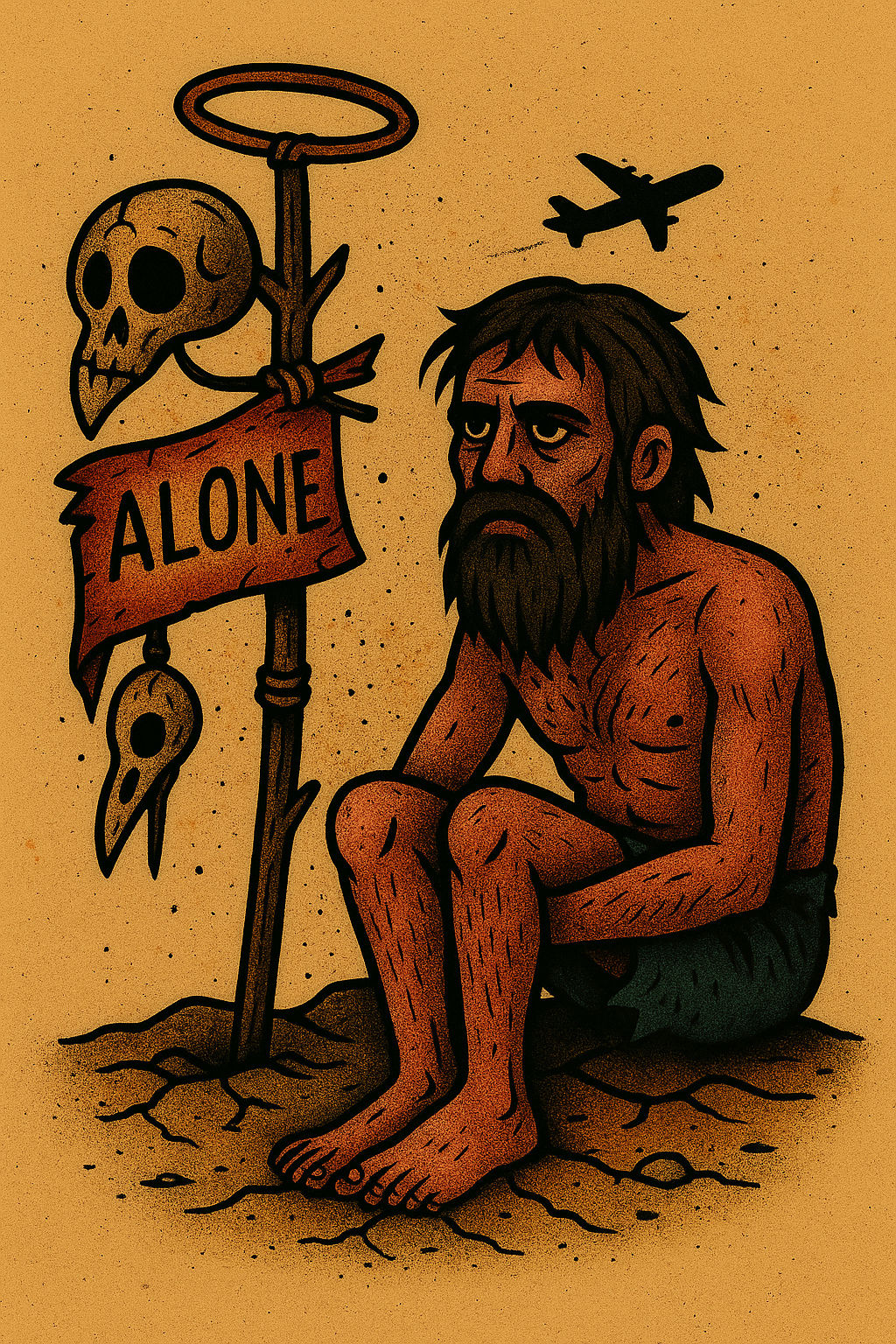 A desperate survivor and his pathetic makeshift companion. "ALONE." The castaway is wirey, gaunt, but not skeletal. Defined ribs and collarb...