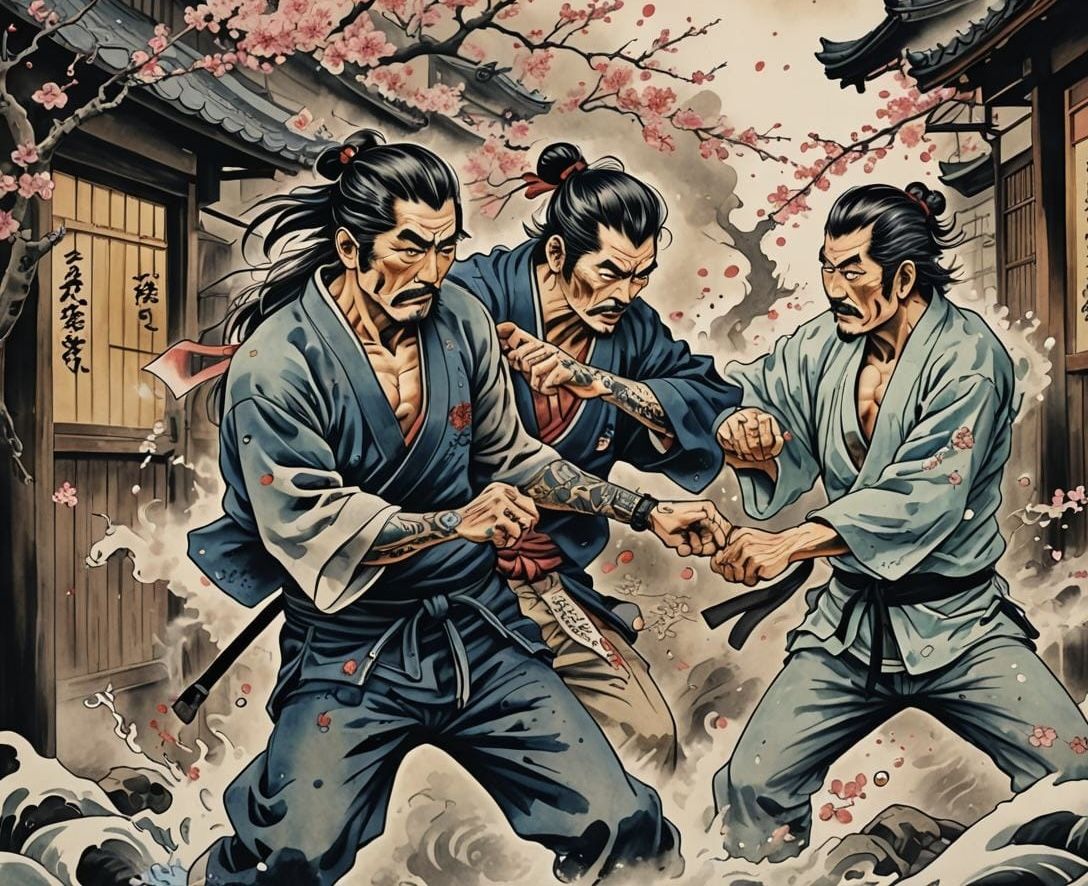 Traditional Japanese tattoo art of two fighting yakuza in style of traditional Japanese tattoo