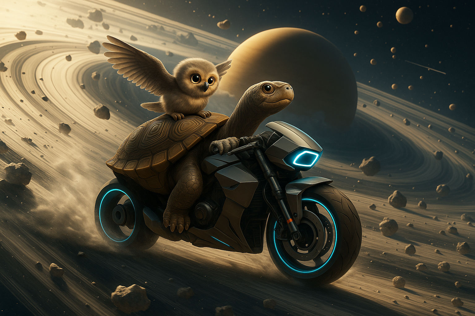 the motorbike is racing around the planet and the owl lifts off to fly faster than the motorbike