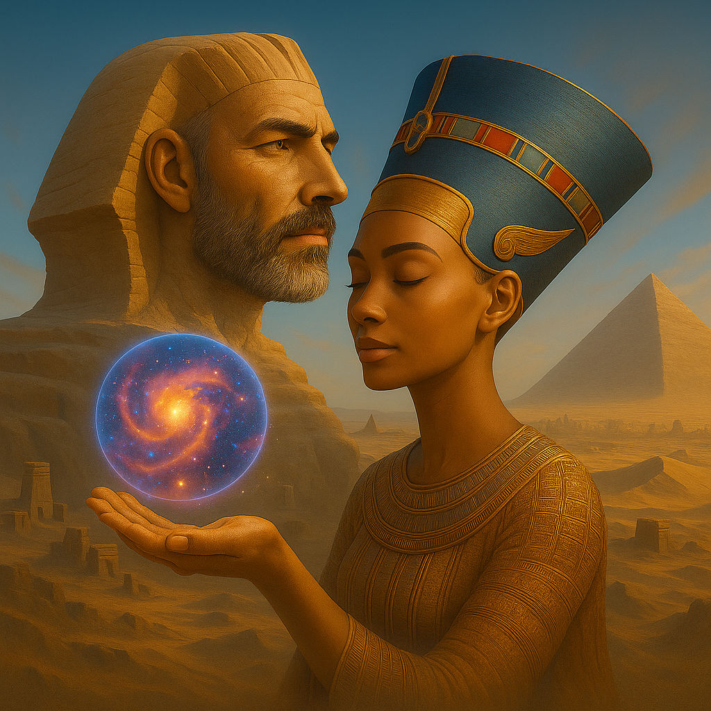 Egyptian God kisses his Goddess and the Goddess lets the sphere float up to the sky where it bursts into beautiful brigh...