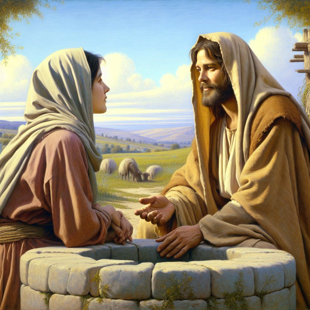 an image featuring an inspirational religious figure wearing a long robe with warm, kind eyes, sharing a moment of understanding with a Sam...