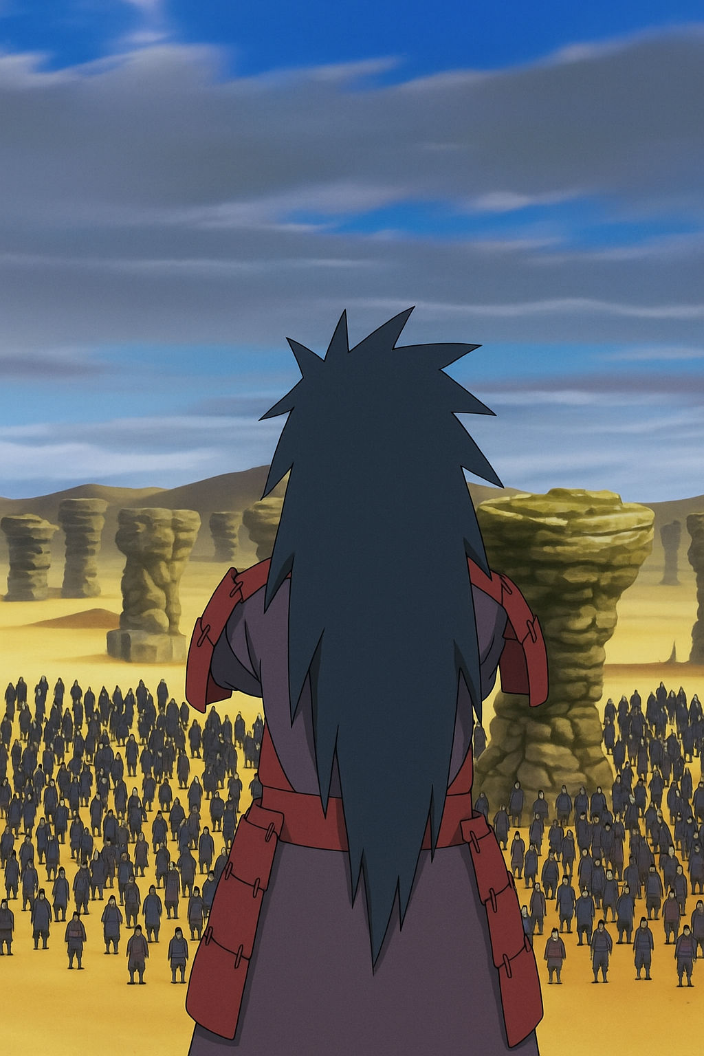 A powerful anime warrior with long spiky black hair and red samurai-style armor stands atop a gigantic nine-tailed fox monster made of swirl...