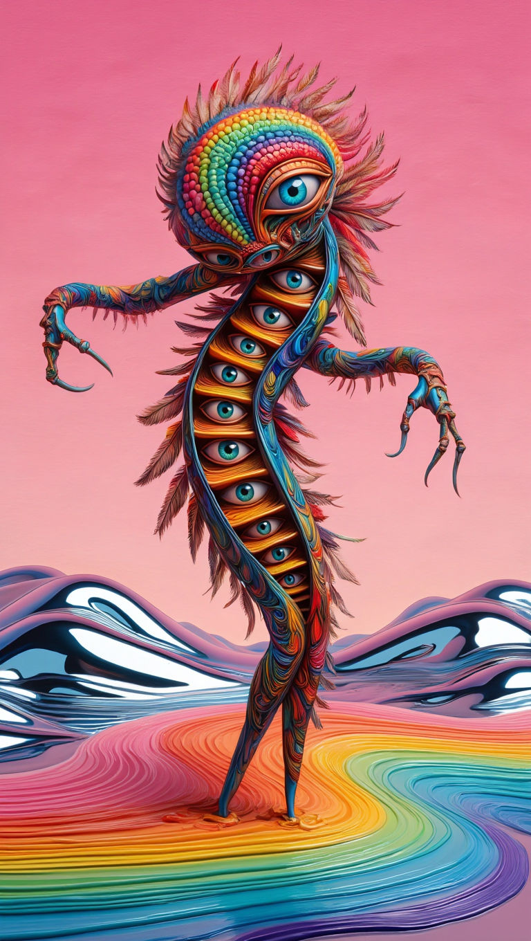 "A strange smiling creature made of patchwork fabrics, polished wood, and blooming flowers, seated in a quiet dreamlike room where all furni...