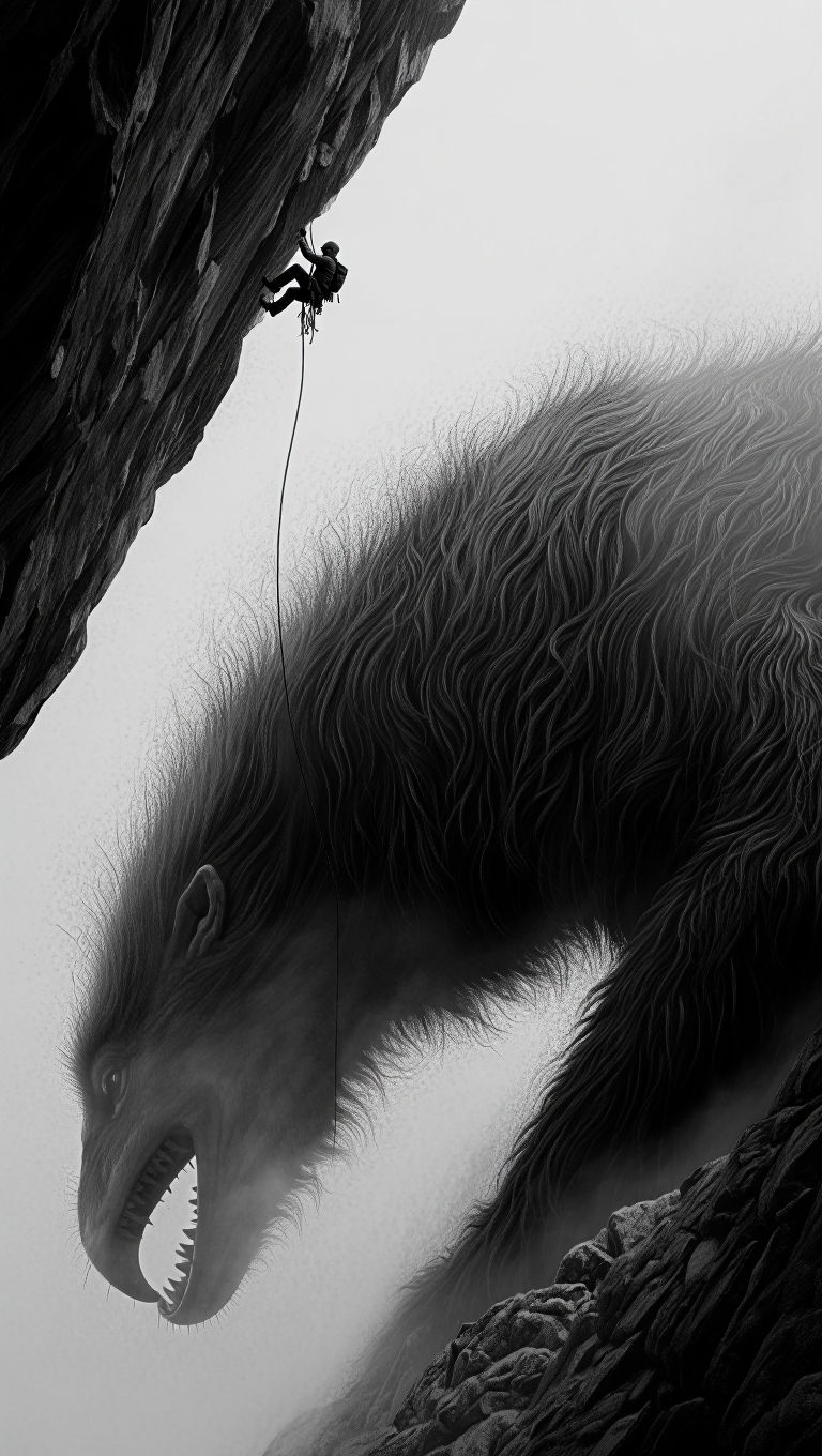 An extraordinarily detailed fine art piece executed in oil paint, gouache, charcoal, and precision graphite pencil. A lone mountaineer attac...