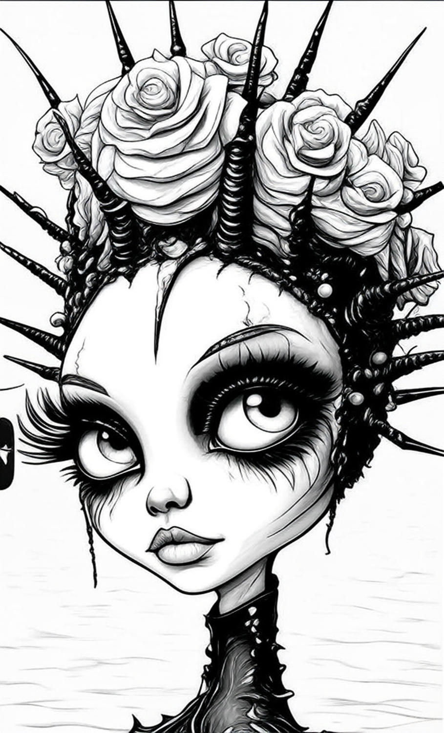 Surreal illustration of a close up of a pretty girl with very large eyes, with dark heavy eye make up and large eyelashes. Wearing a spiked ...