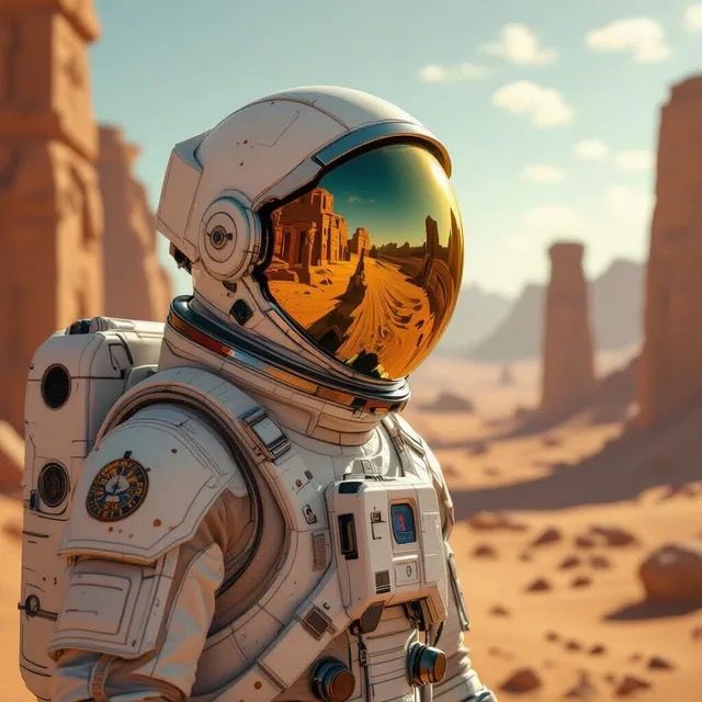 An astronaut in a detailed spacesuit exploring a sun-drenced desert ruin with intricately carved stone structures is app...