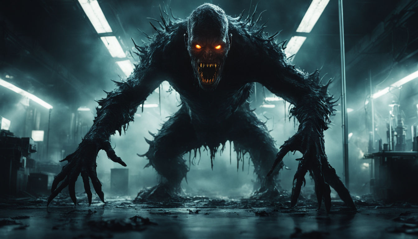 Concept art. Medium shot. Radioactive atomic monster destroys laboratory, evil eyes glowing, claws outstretched. Low-ang...