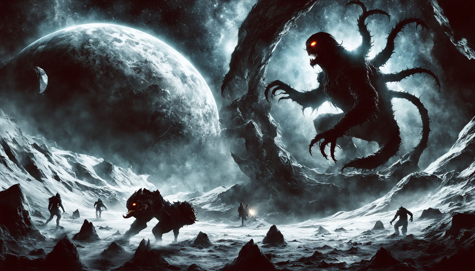 Concept art. Medium shot. Dimensional atomic monster enters a universe through a portal to destroy the universe, evil e...