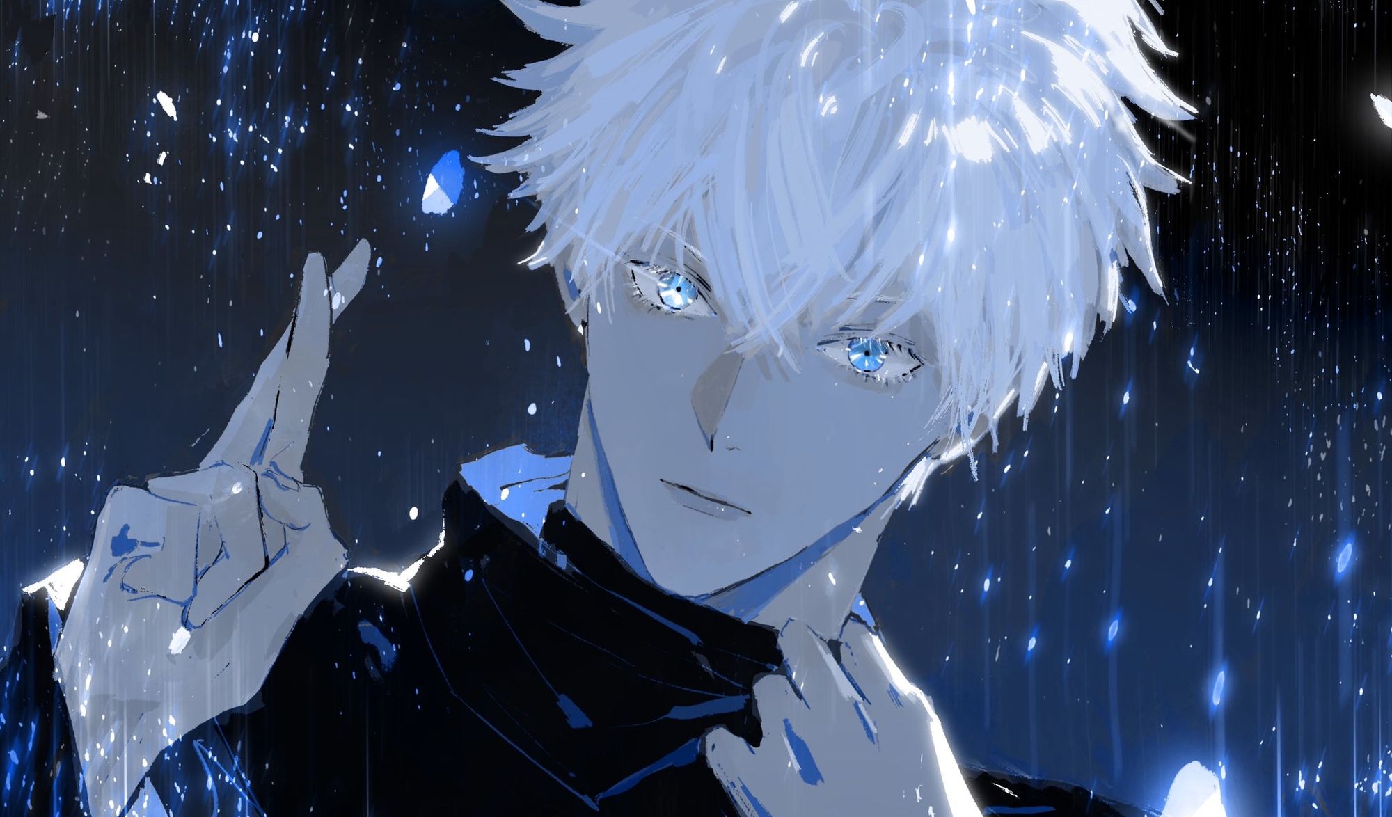 snow-white hair and the Six Eyes, which are a vibrant blue color. Satoru usually covers his eyes with a black blindfold, which props up his...