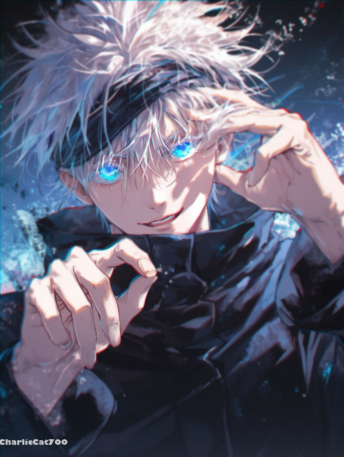 snow-white hair and the Six Eyes, which are a vibrant blue color. Satoru usually covers his eyes with a black blindfold, which props up his...