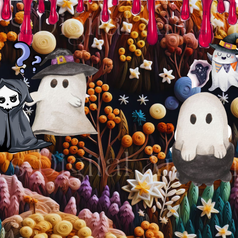 Halloween Embroidery seamless ghost cats