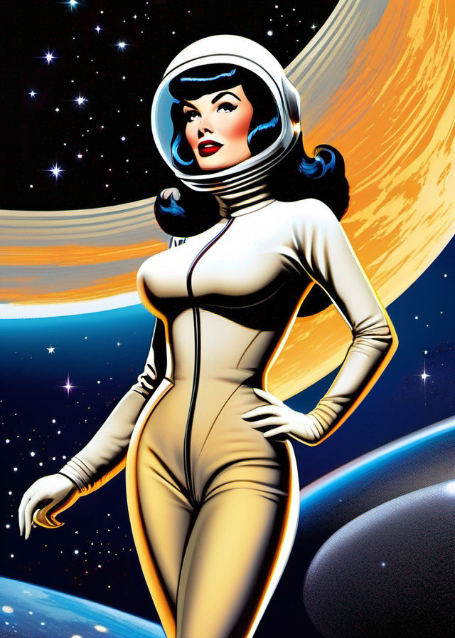 Betty Page in retro sci-fi spacesuit