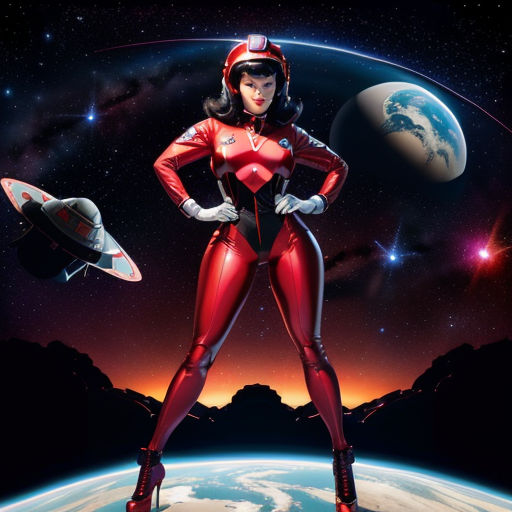 Betty Page in retro sci-fi skin spacesuit