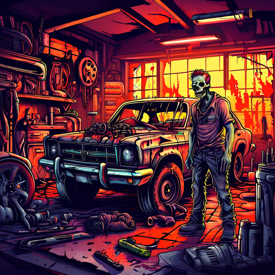 zombie. an auto repair shop in the background