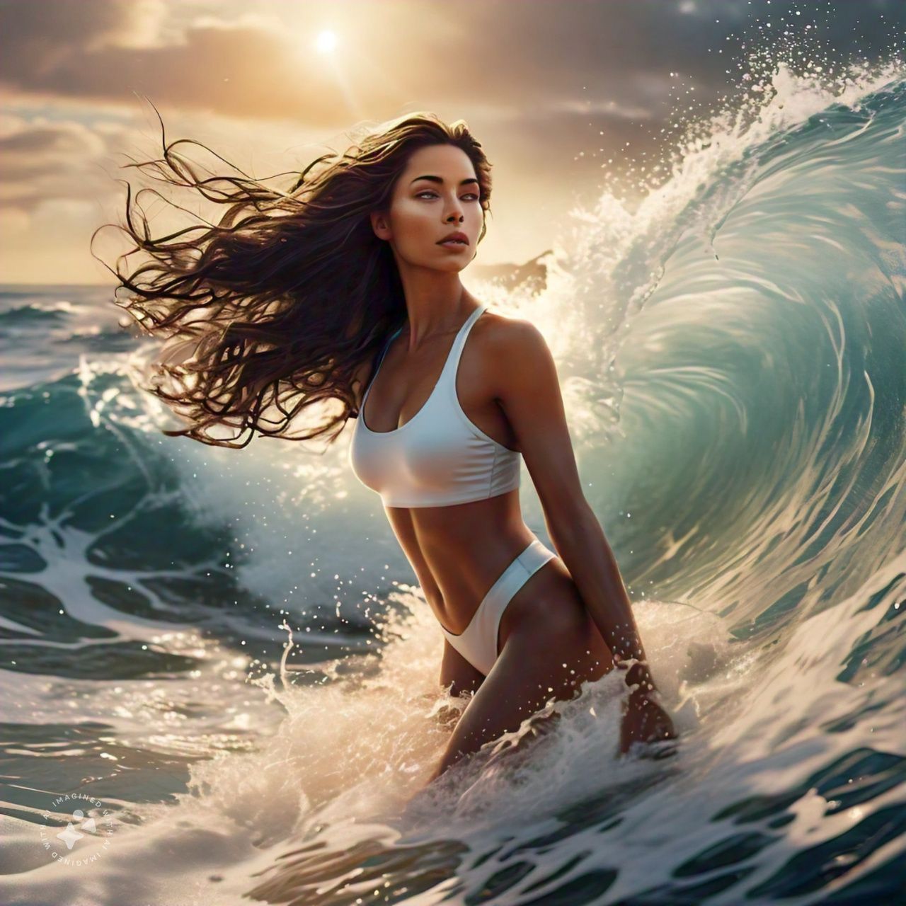 Beautiful mermaid in the middle on the ocean with her hair blowing in the air. Cristal blue waves and golden hour.  Vibrant colors. breathta...