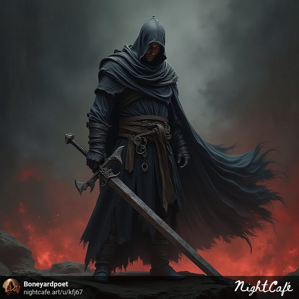 A  weary war torn monk, dressed in a black and red robe that is torn and frayed and blowing frantically in the wild wind,with a hood that pa...