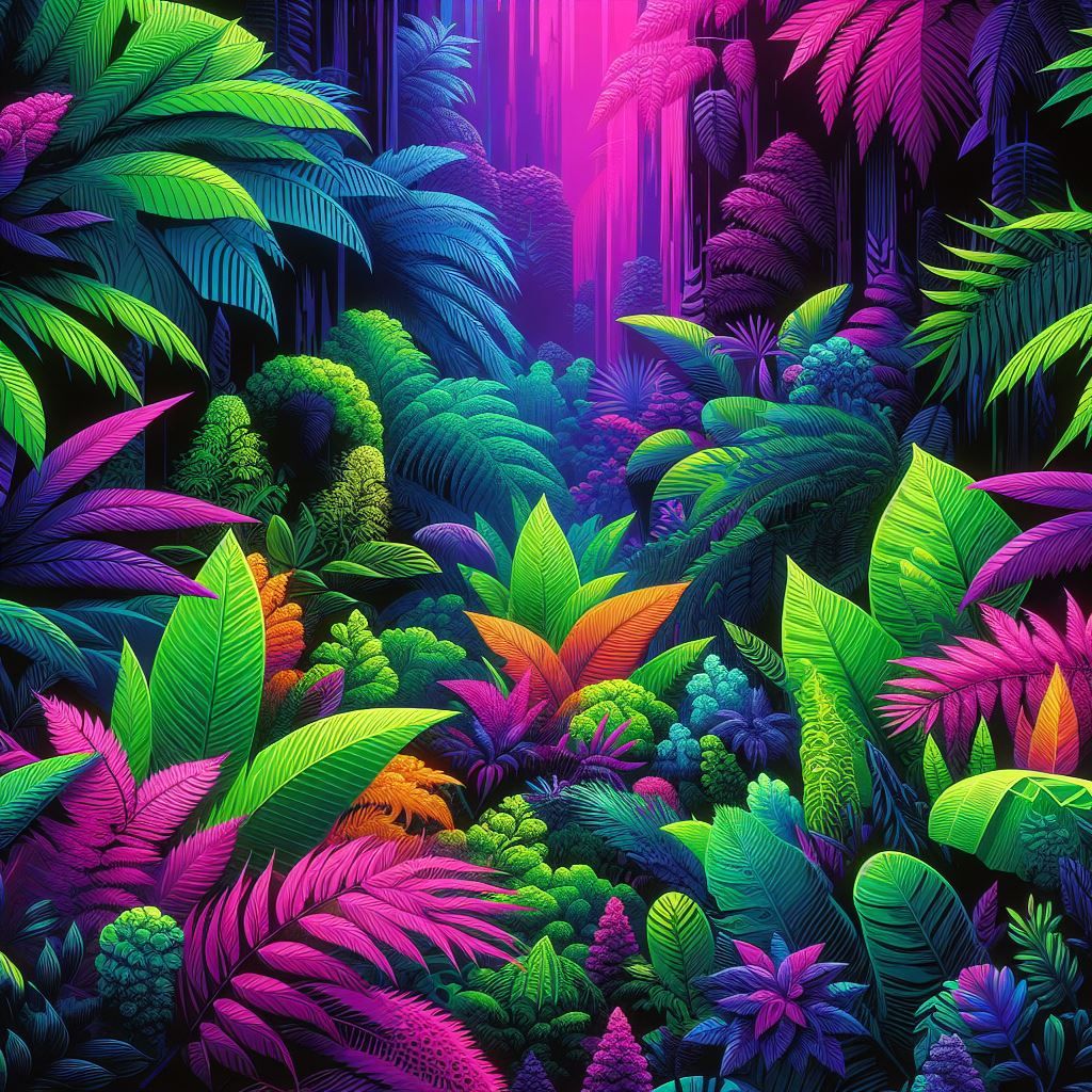 Warm  vibrantly colored , blacklighted+  weedpainted:1.5)+ TROPICAL PARADISE ISLAND 
WITH  HIGH-QUALITY GRAPHICS :1.6) AND DENSE  BOLD&THICK...