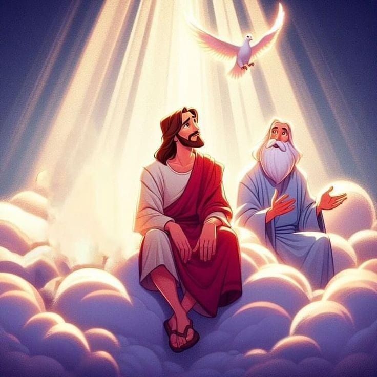 Crie uma ilustração no estilo cartoon 3D, com acabamento suave, expressões amorosas e atmosfera acolhedora Mostre a Santíssima Trindade:
Deu...