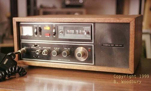 vintage CB radio with wood box, place in front panel sircular analog s-meter, connector microphone, lcd frekwensi counter display, speaker,...