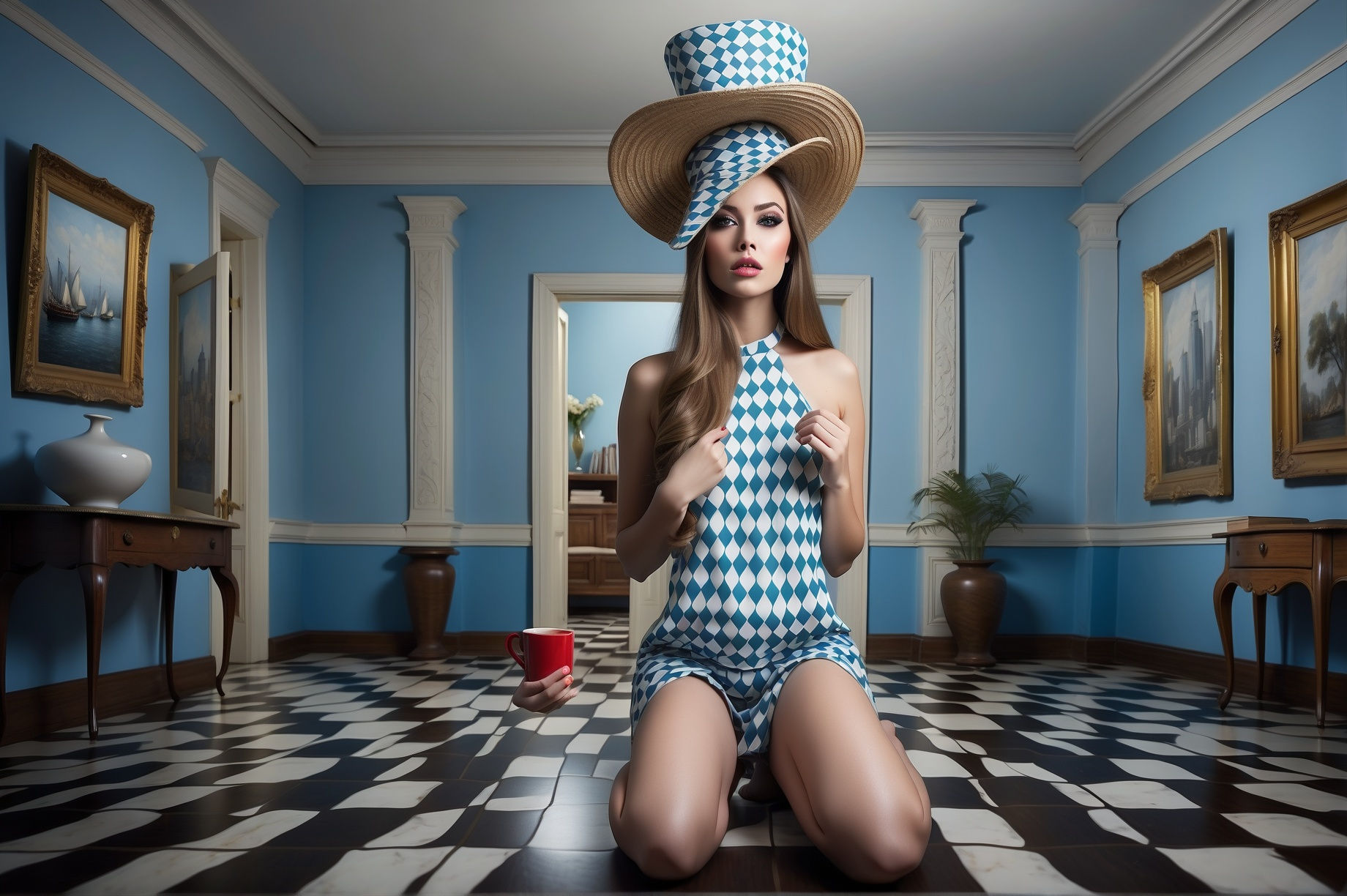 The woman's anatomy is combined with a three-dimensional point, line, and surface composition, creating a complex visual structure. 