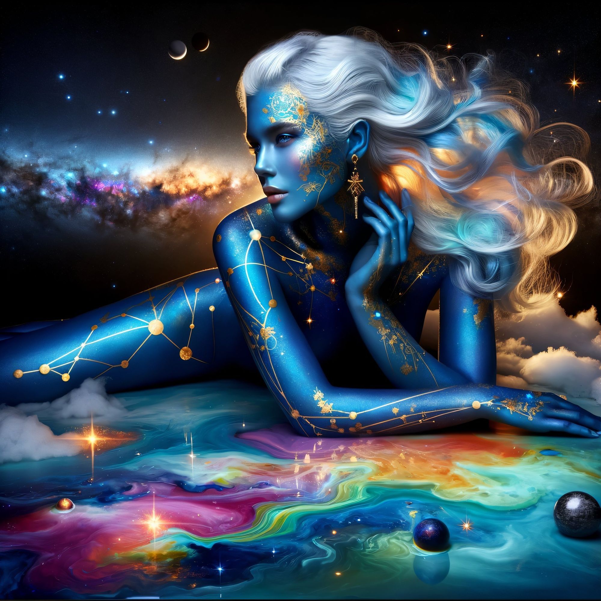 a beautiful young woman into a celestial canvas, skin adorned with intricate galaxy space theme, skin is blue adorned with intricate golden...