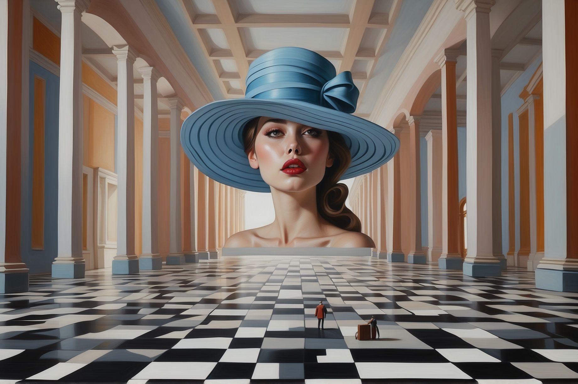 The woman's anatomy is combined with a three-dimensional point, line, and surface composition, creating a complex visual structure. Her hat...