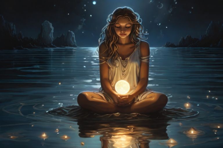 A lunar luminescent young woman holding a dainty glowing moon on lap. woman is sitting down on ocean water surface. Liquid silver ripples re...