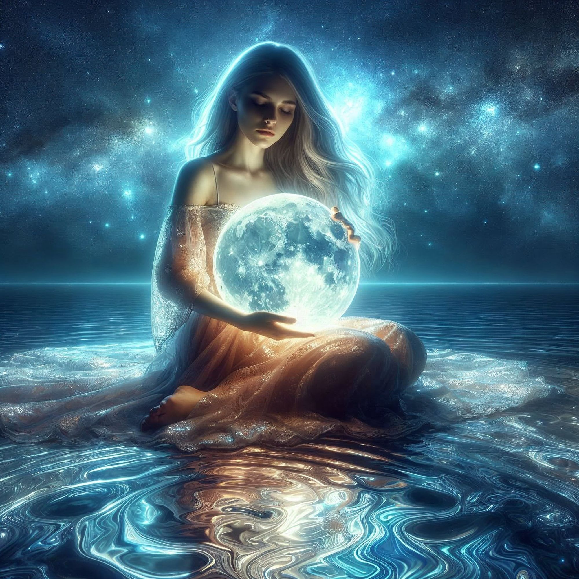 <lora:Abstract ink:1.0>A lunar luminescent young woman holding a dainty glowing moon on lap. Girl is sitting down on ocean water surface. Li...