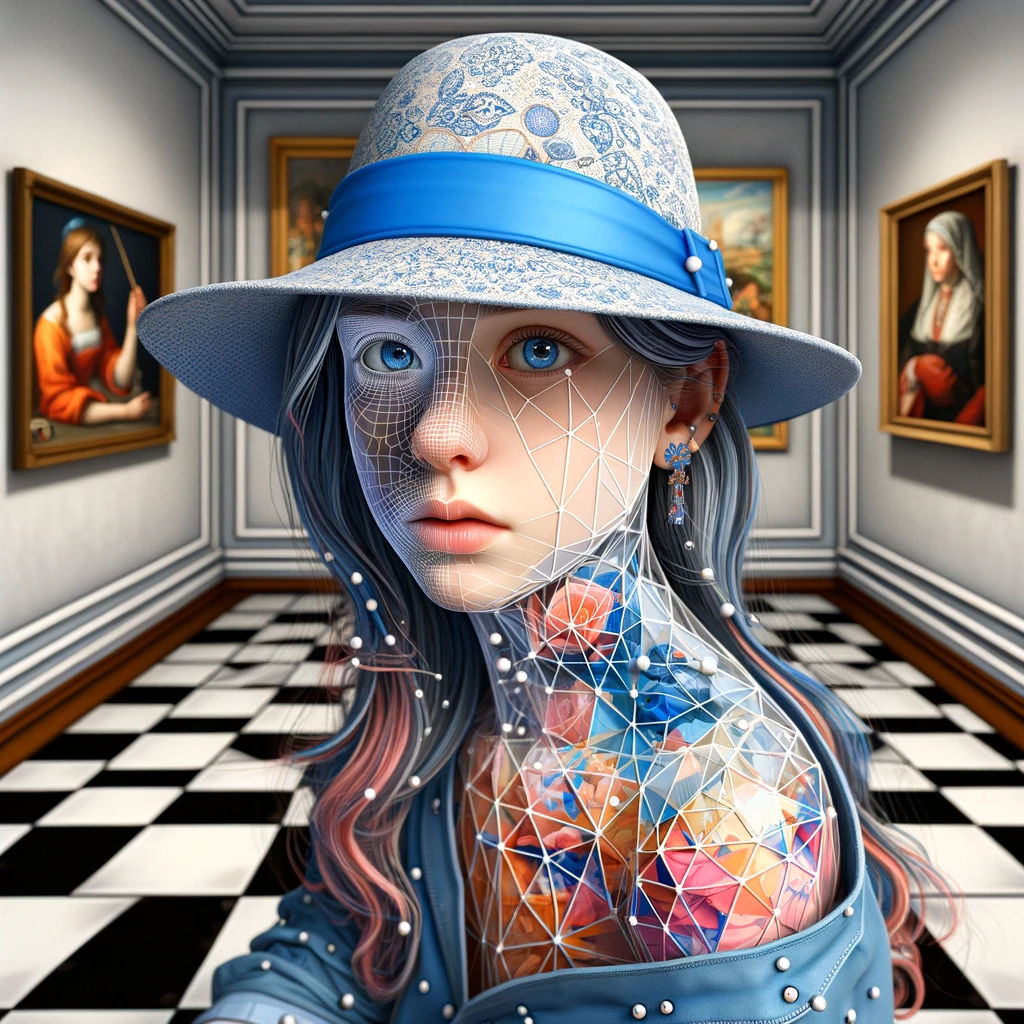 The woman's anatomy is combined with a three-dimensional point, line, and surface composition, creating a complex visual structure. .