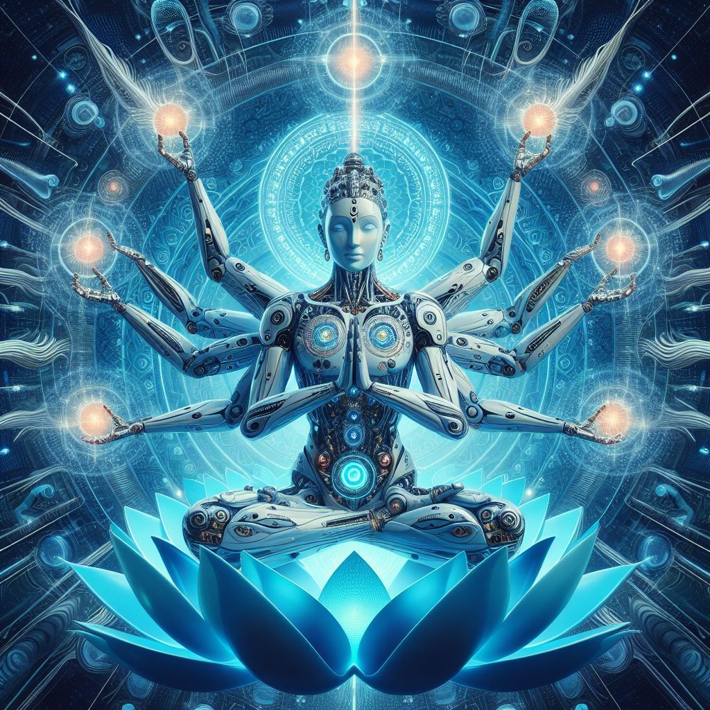 cybernetic golden being sitting in a blue glowing Lotus in a lake with starry reflection, posed as a Hindu deity with multiple arms with lig...