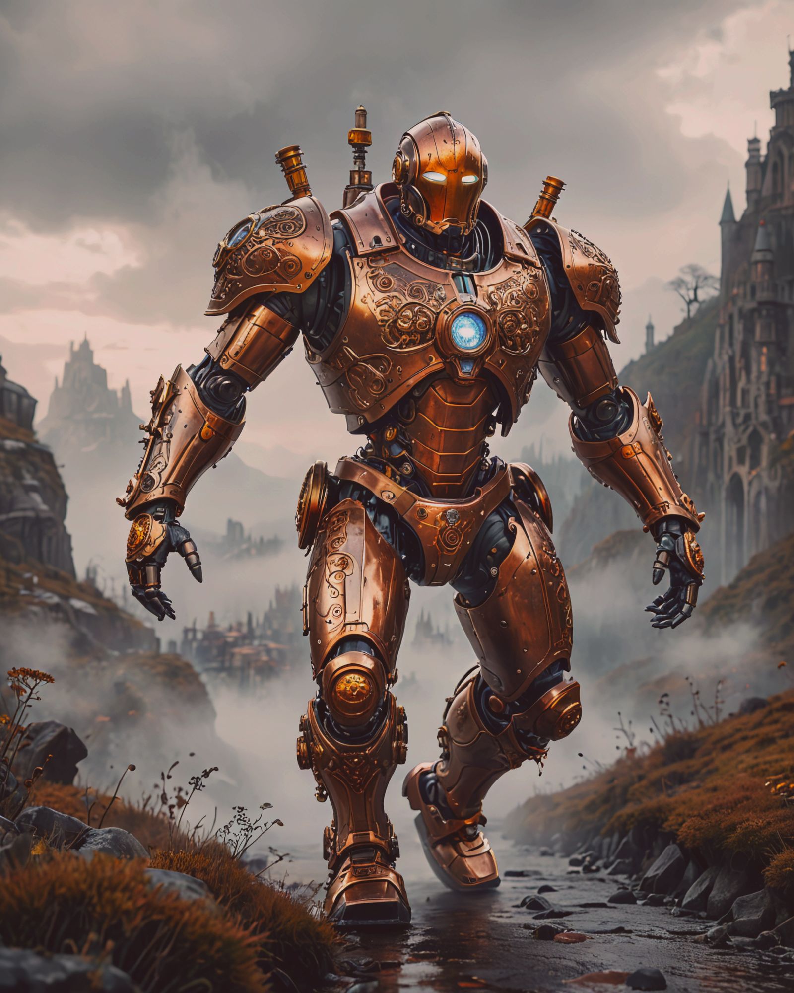 
robot, medievel, brass, steampunk, full body, dynamic pose