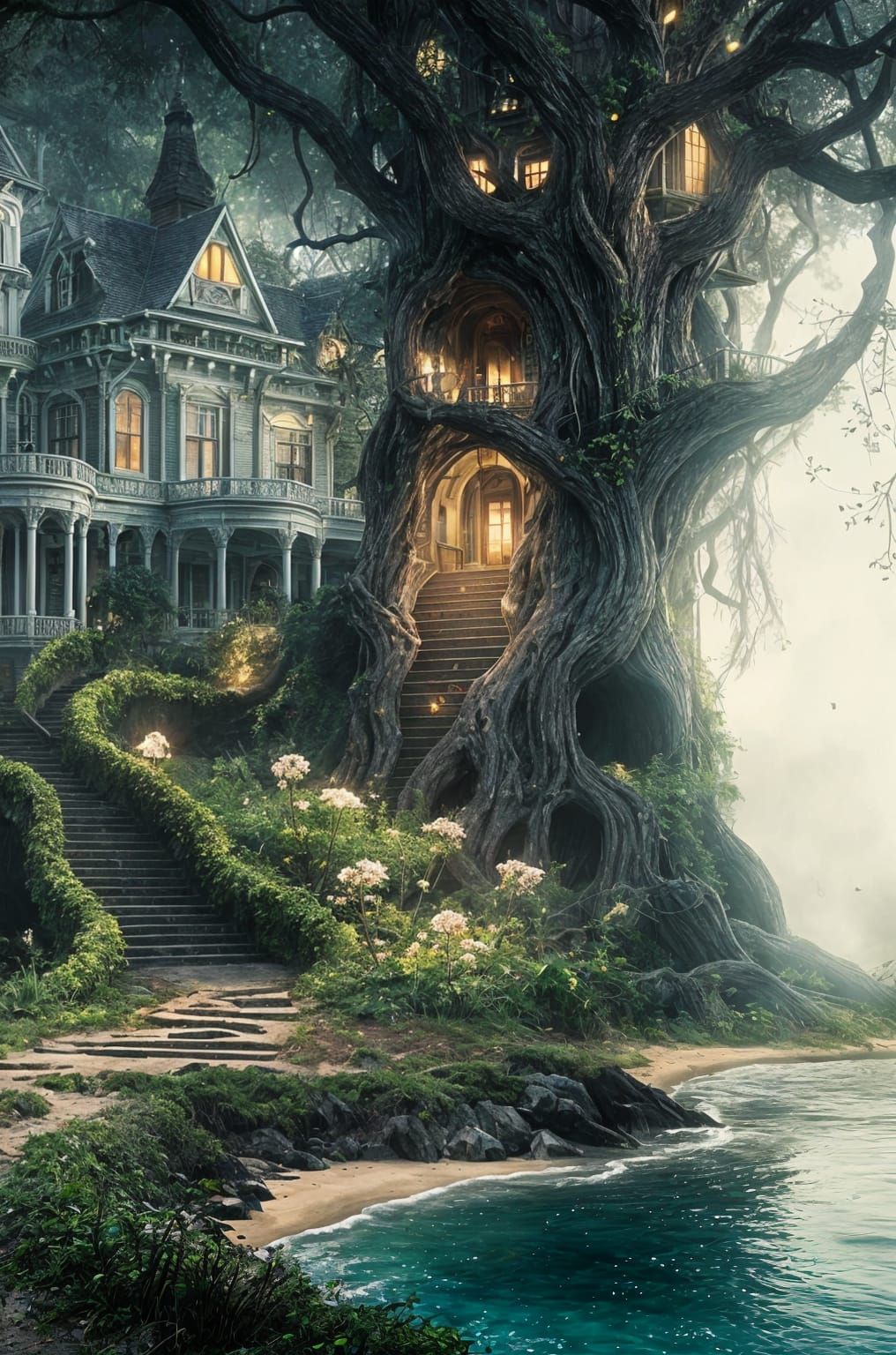 Bright and sunny. Stairs that connects to stairs. Long sandy mossy tree branch path. wildflowers. Clear water and sand beach under path. Bea...