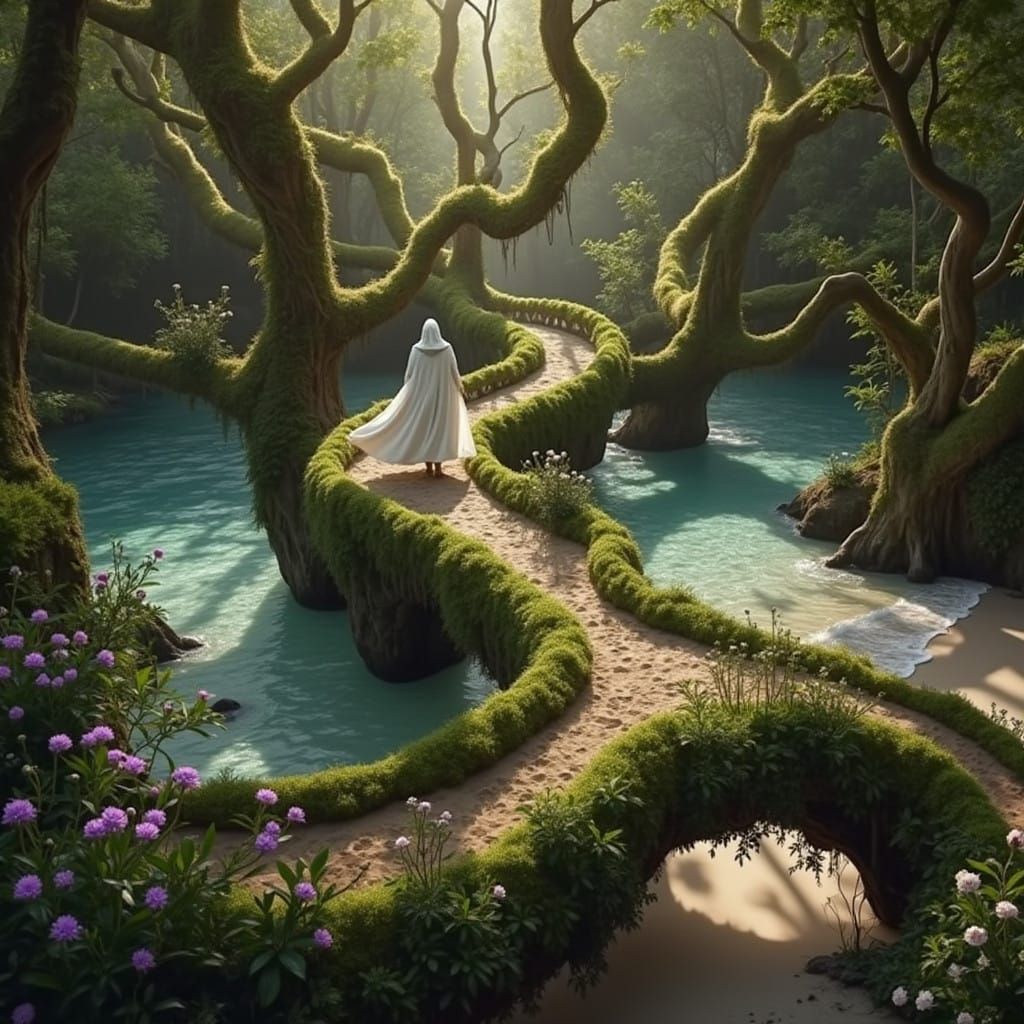 long sandy path in forest flowers