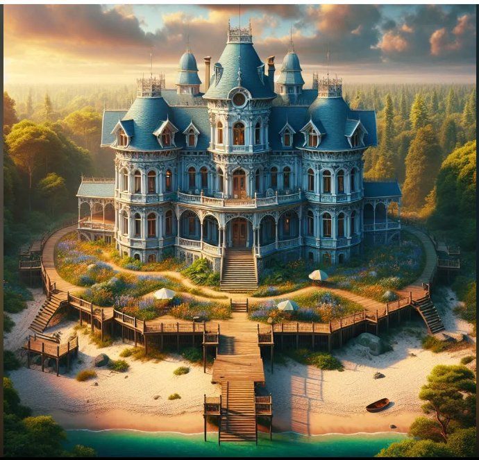 Lightblue large round mannor victorian roundshaped style house with inner courtyard, from above, wooden walkways sand beach in the middle of...