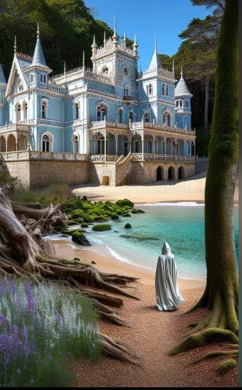 Large glowing neonlightblue wooden victorian mansion with many lights on in many windows, many towers and stairs. on sandy beach with clear...