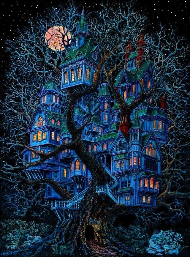 Lightblue large mannor victorian house with many towers and spiraling stairs and lights on inside forest with large old tree