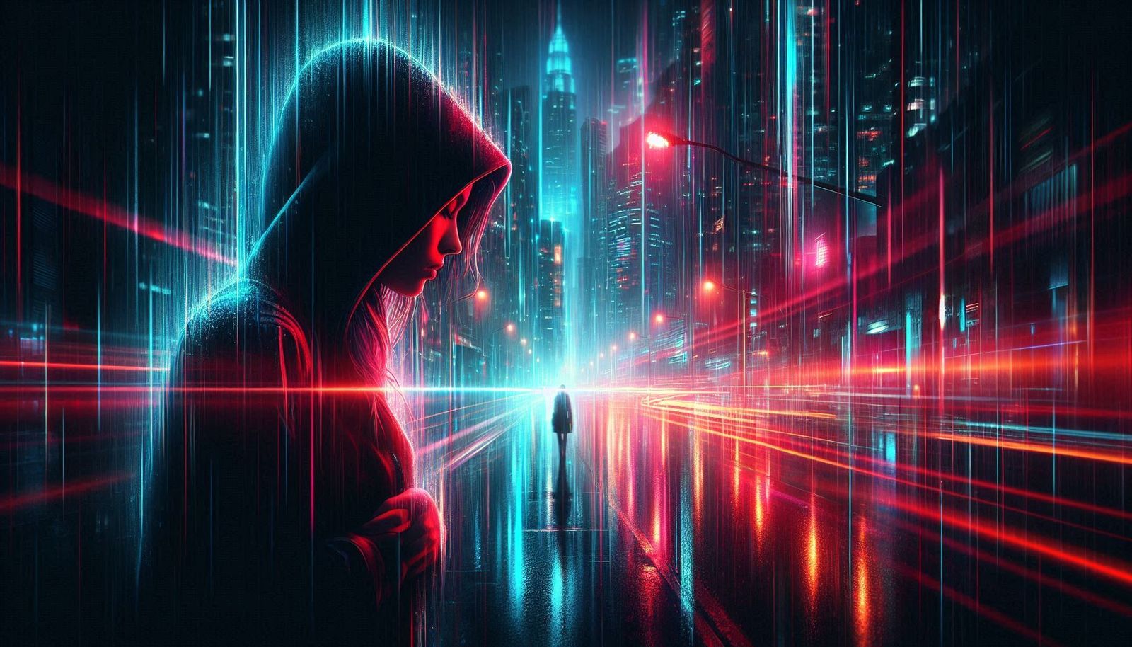 The neon city pulses with rhythmic motion. Streetlights flicker in a steady, hypnotic pattern, casting dramatic shadows ...