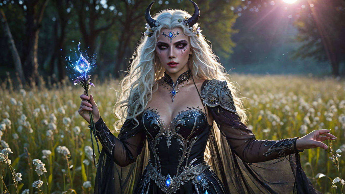 A strikingly beautiful female demon with long, flowing hair, dressed in an intricately designed, dark yet elegant outfit, walks through a fi...