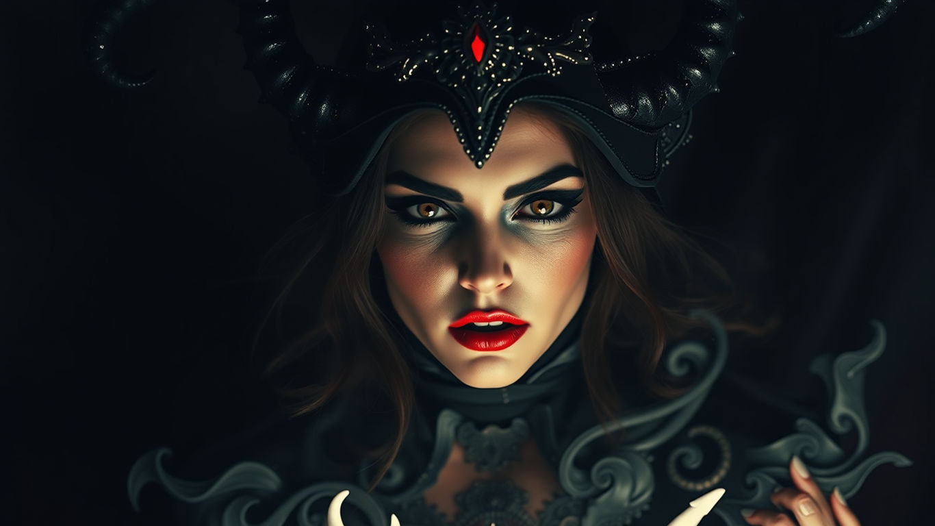 ://hell hath no fury, beautiful demon princess, gorgeous, dark, mysterious, shiny aura, dark clothing, intricate details, horror, creepy, gh...