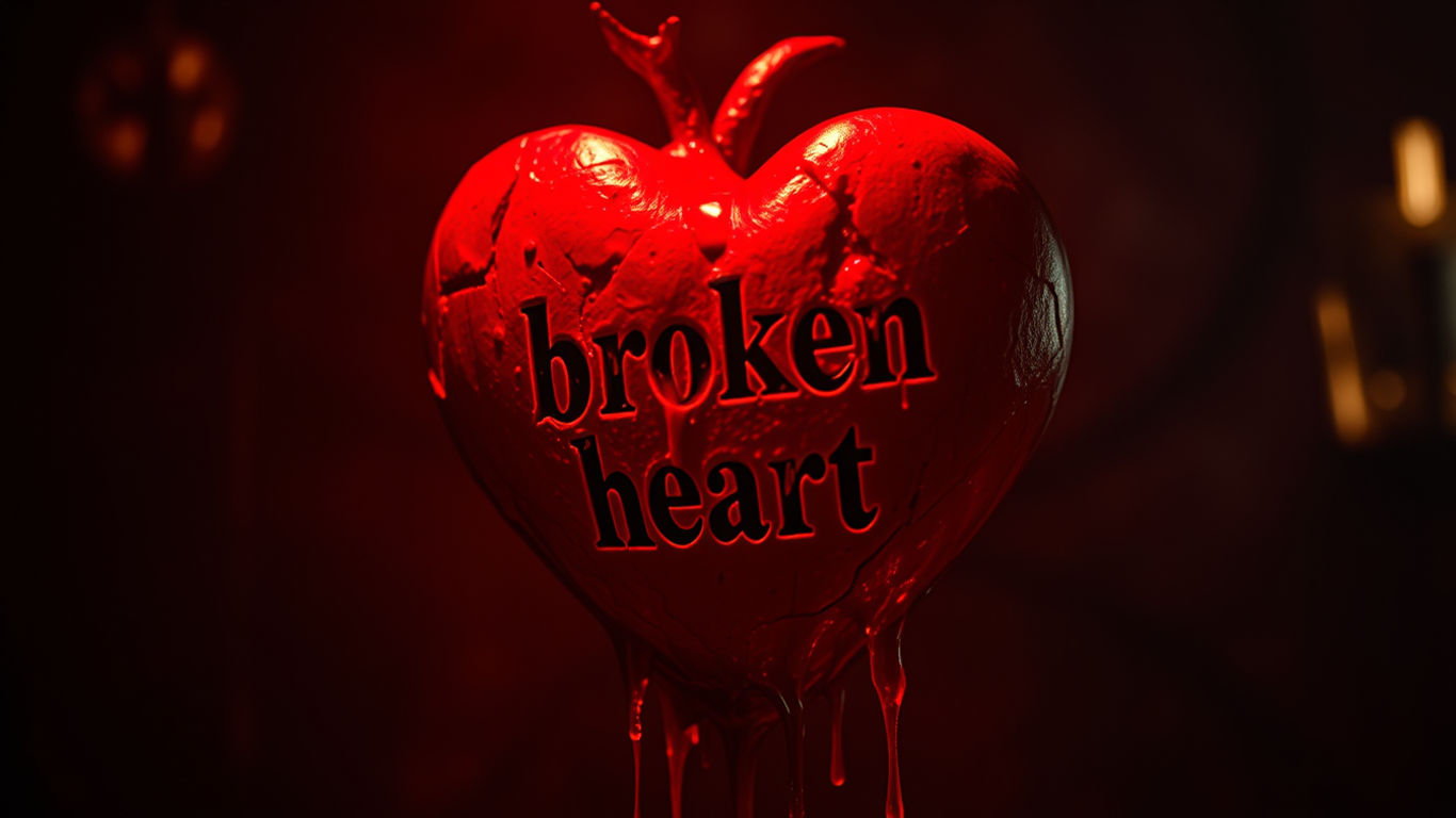 A hauntingly vivid image of a blood-red heart, pulsating with a sinister energy, as dark crimson blood flows from it, creating a chilling ef...