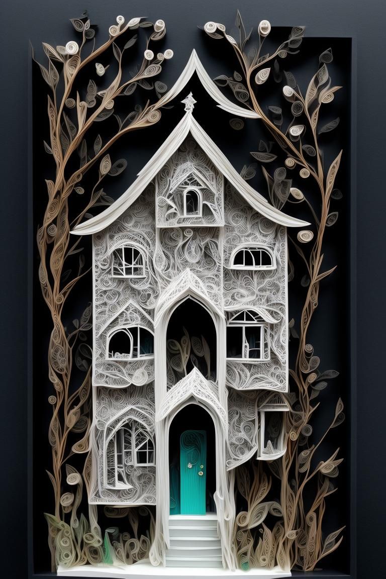 ghost house, multi-dimensional paper cut craft, mixed media illustration, running through the woods, Sharp, paper quilling, polymer clay, sh...
