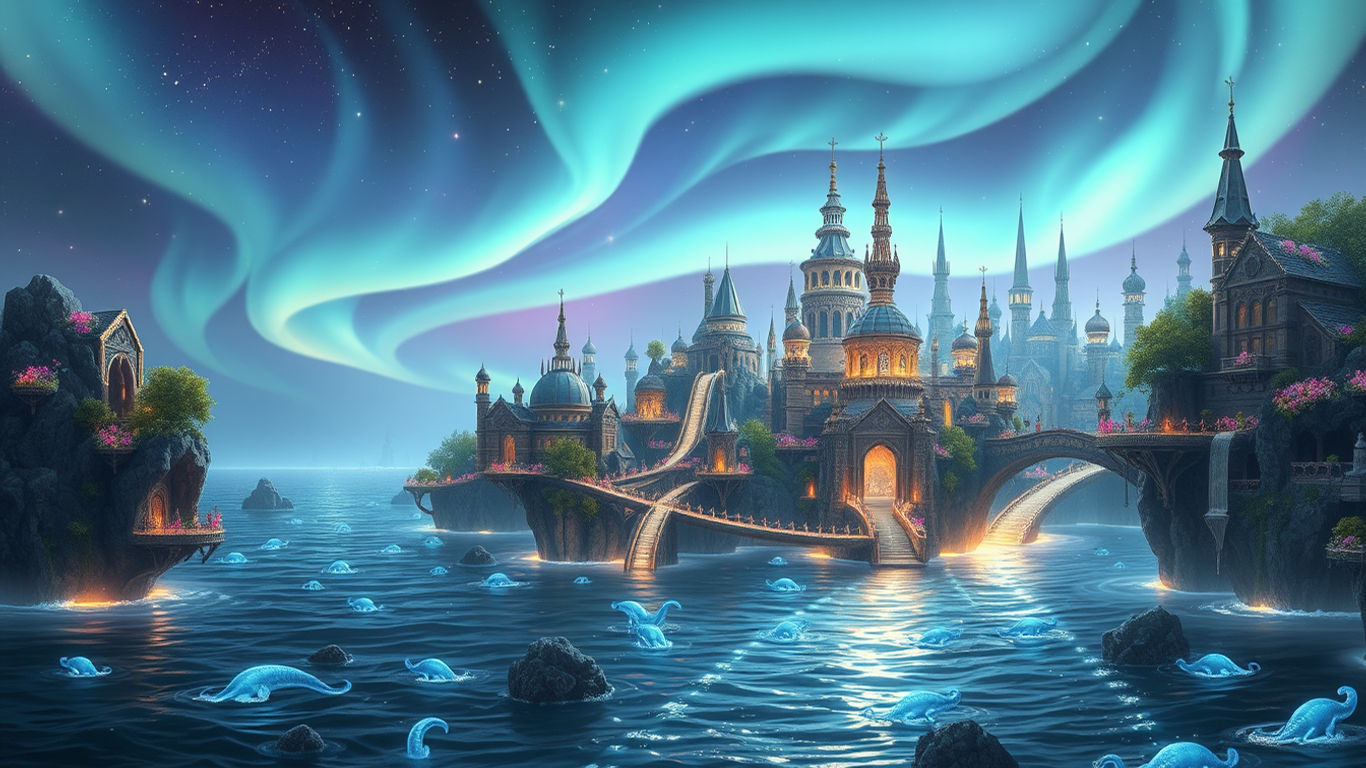 An enchanting, mystical cityscape set on the edge of a vast, shimmering ocean. The city is composed of intricate, floating islands connected...
