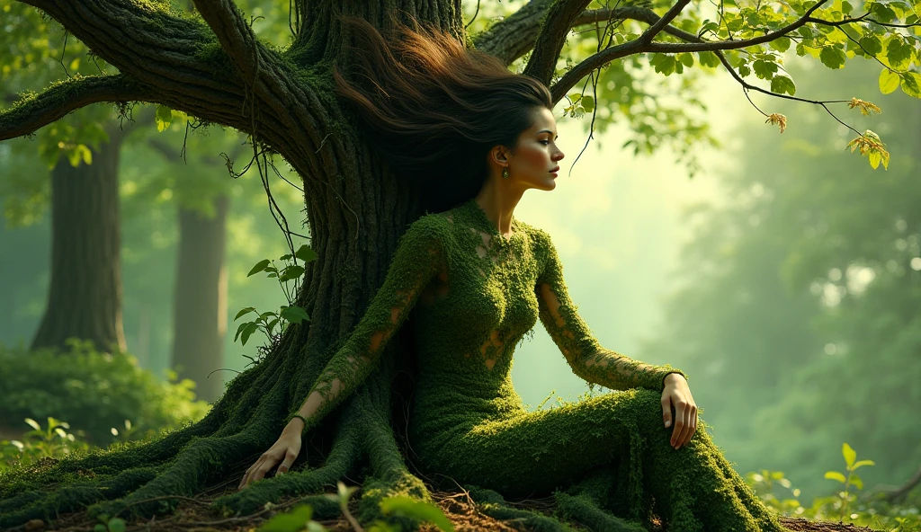 Design a mystical, nature-inspired portrait of a woman who appears to be part of a tree. Her body should be covered in moss and vines, with...