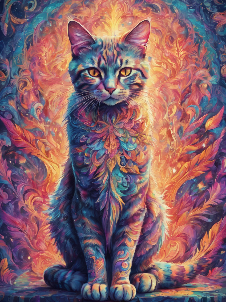 A close-up portrait of a mystical cat with phoenix characteristics, in a magical world, random tones, dreamy atmosphere, illustrated style,...