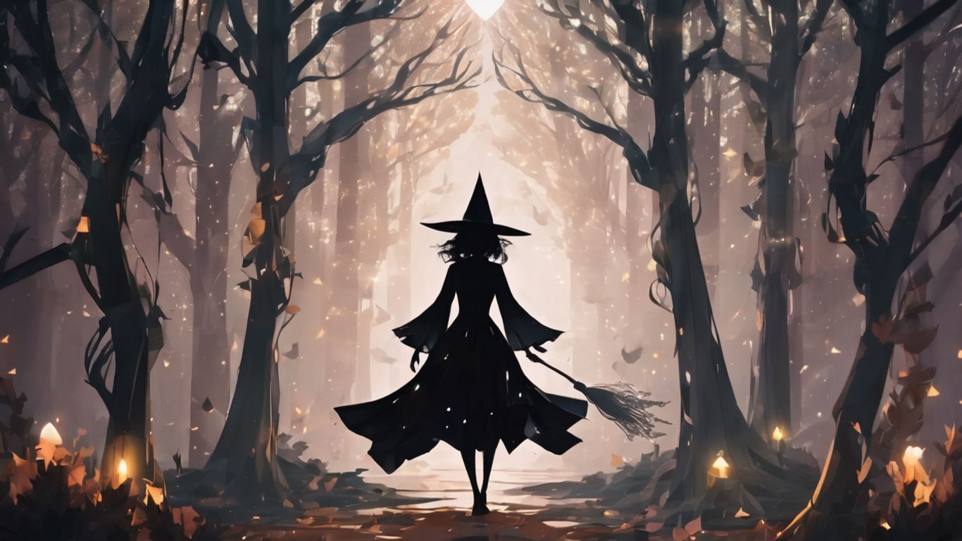 A (((Hopeless Witch))) with powers emanating from her heart, amidst a (((dark forest))), where intricate paper folding for (paper origami) c...