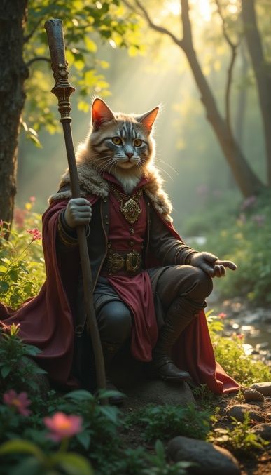 stunning fullbody D&D character art: anthropomorphic cat as a magician holding a fantasy staff in Luxury mage outfit sitting in a forest mea...