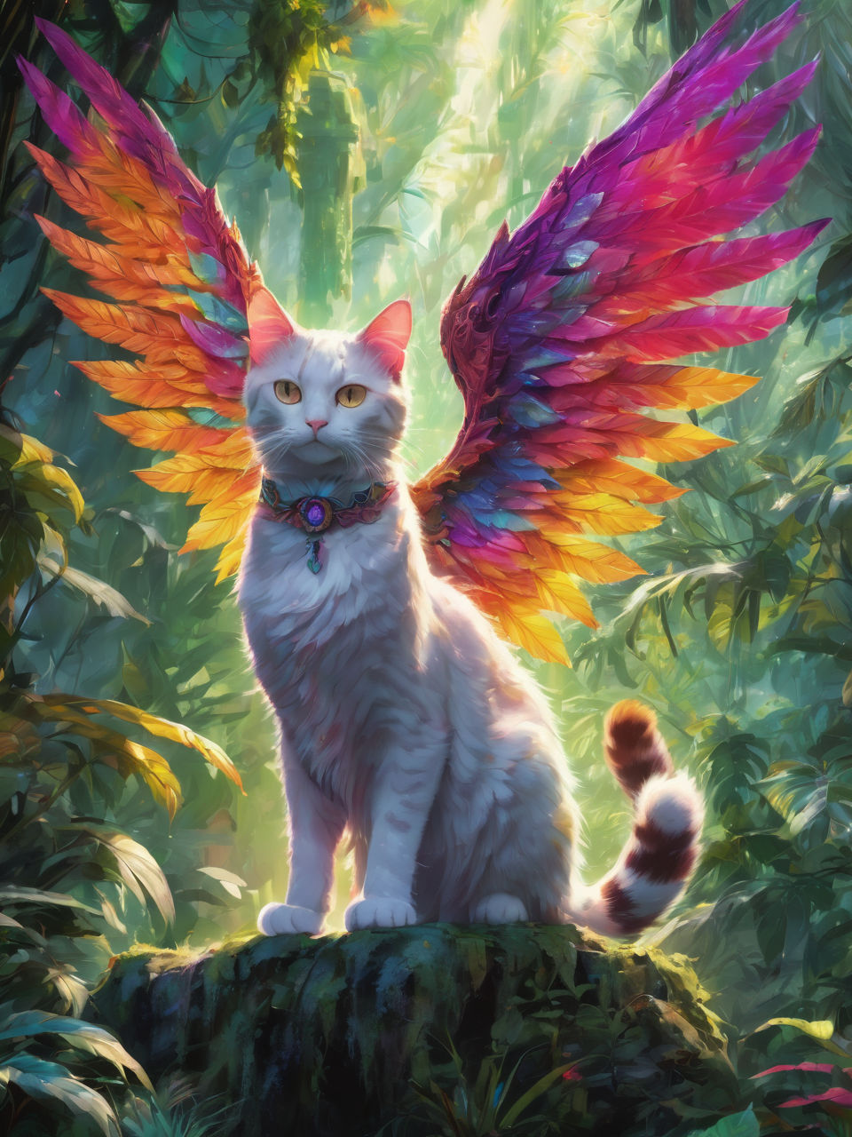A (((fantasy cat wing))) resplendent in (((vivid, bright colors))), with (((volumetric rays of light))), cast against a backdrop of a (detai...