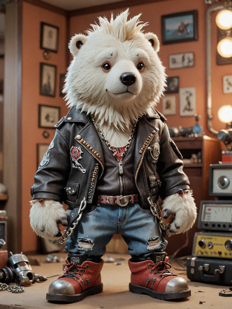 Anthropomorphic, A polar bear animal dressed up as a punk rocker, wearing leather boots, a mohawk, chains, and a studded jacket, warm vibran...