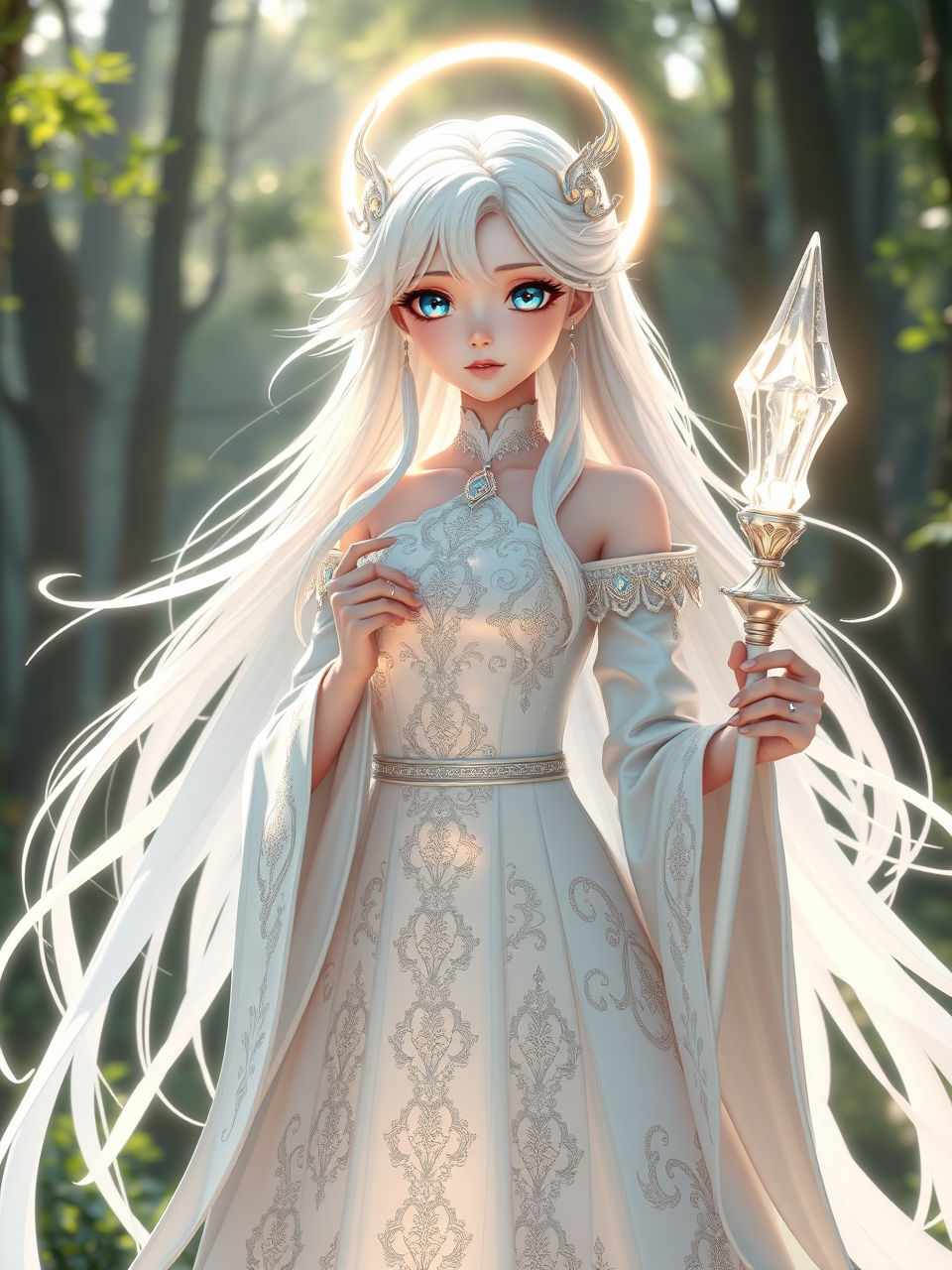 ((female)) A (((white angel))) with flowing, (((long, white hair))), and ethereal features, such as a sleek nose and (pink) lips. her eyes a...